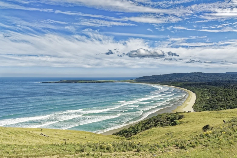 a view of the ocean from the top of a hill, a stock photo, by Matthias Stom, shutterstock, hurufiyya, new zealand landscape, beautiful beach, highly detaile, haida