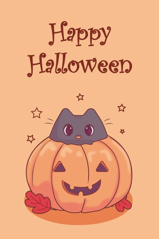 a cat sitting on top of a pumpkin, a pastel, shutterstock, sōsaku hanga, background image, no gradients, card template, in a halloween style