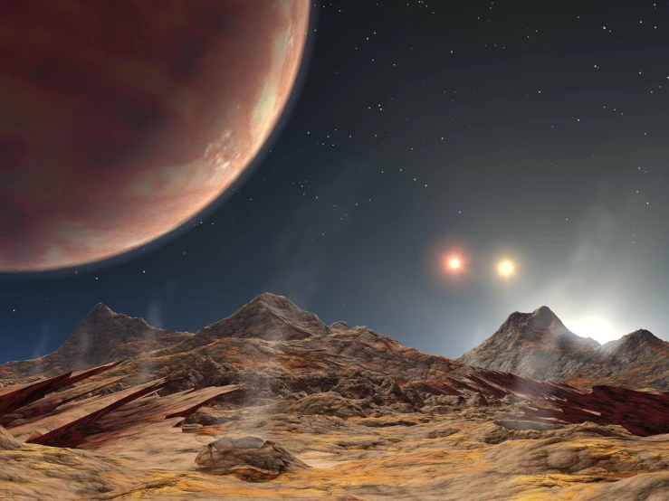 an artist's rendering of an alien landscape, a digital rendering, by Thomas Häfner, space art, three moons, the sky is a faint misty red hue, sirius star system, twins