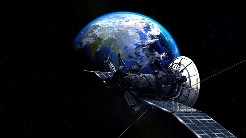 an artist's rendering of a space station with the earth in the background, a digital rendering, by Robert Jacobsen, shutterstock, photo of earth from space, antenna, black, stock photo