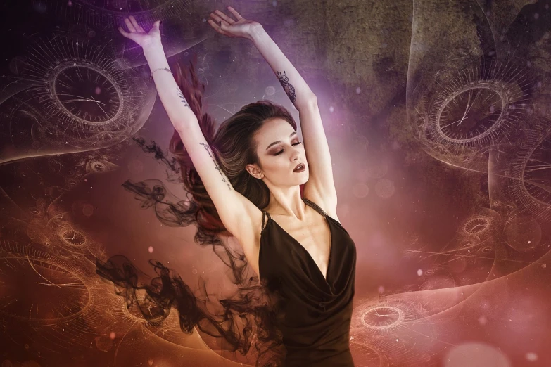 a woman in a black dress posing for a picture, digital art, cgsociety contest winner, dance meditation, wisps of energy in the air, clockwork woman, romance book cover