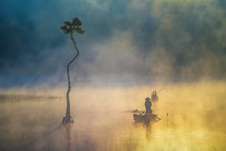 a couple of people that are on a boat in the water, a picture, by Xia Yong, lonely tree, golden mist, fishing, serene colors