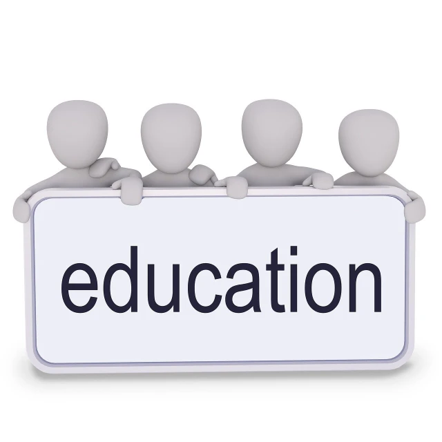 a group of people holding a sign that says education, by David Burton-Richardson, shutterstock, academic art, 3 d logo, stock photo, low resolution, 4:3