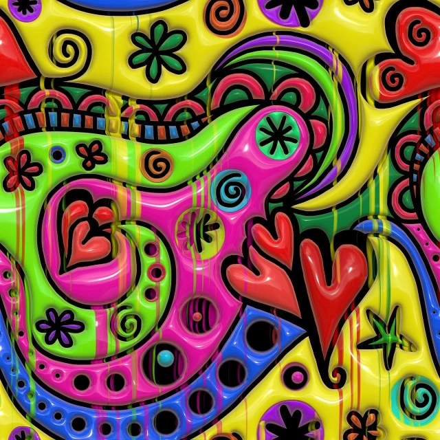 a colorful painting of a bird with hearts and flowers, graffiti art, inspired by Peter Max, toyism, digital art extreme detail, paisley wallpaper, 3 d ornate carved water heart, abstract pattern
