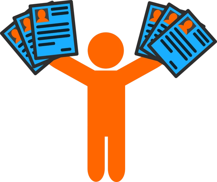 a person holding up a bunch of papers, a digital rendering, by Ingrida Kadaka, pixabay contest winner, orange and black, status icons, upper body avatar, compressed jpeg