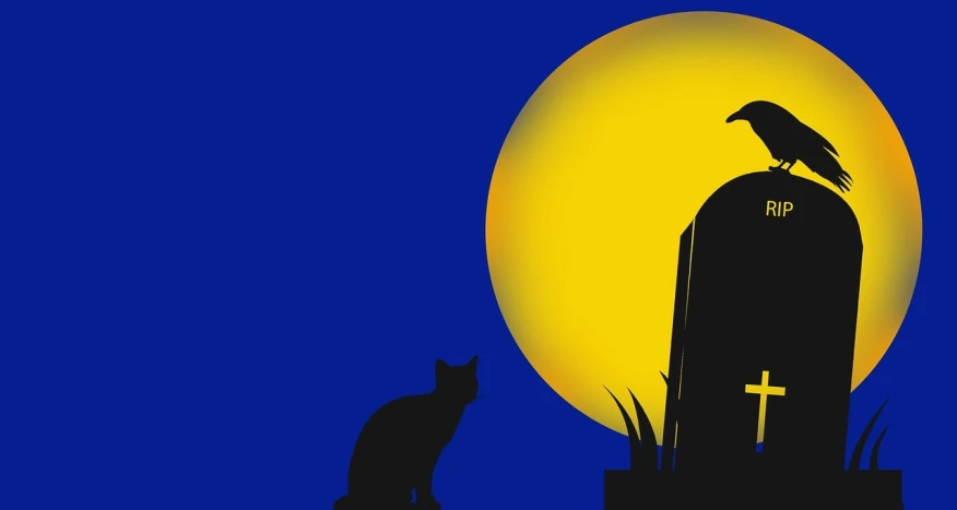 a bird sitting on top of a grave next to a cat, minimalism, moonlit, cat tower, house background, cat photo