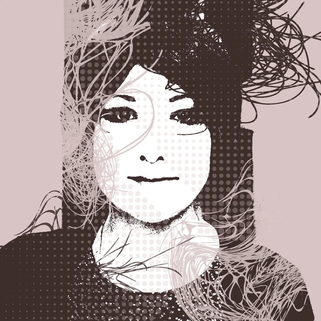a black and white photo of a woman with long hair, vector art, inspired by Maki Haku, deviantart, pop art, bjork smiling, her face is a mauve flower, with glitch and scribble effects, portrait of japanese gyaru