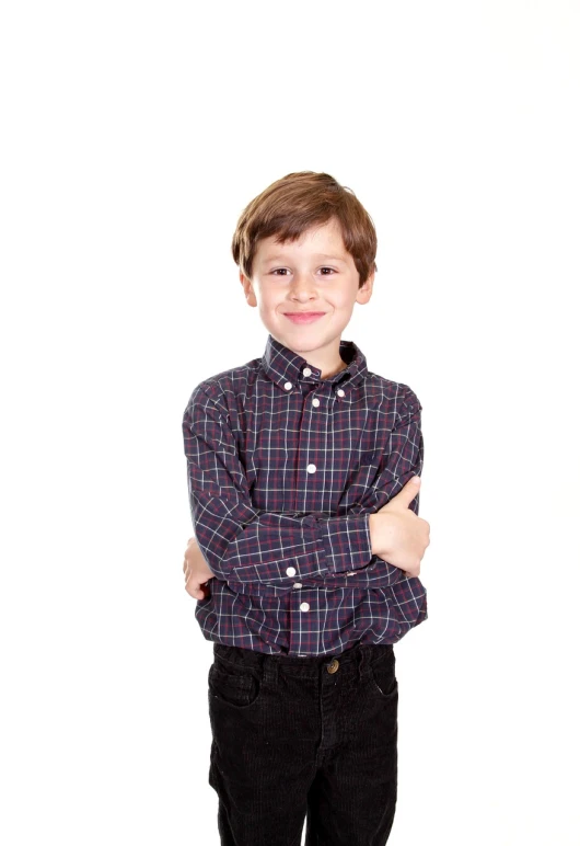 a young boy standing with his arms crossed, a picture, plaid shirt, stockphoto, elegant smiling pose, fully body photo