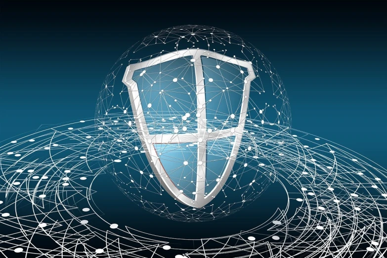 a shield surrounded by lines and dots on a blue background, a digital rendering, pixabay, attack vector, pc wallpaper, fencing, lock