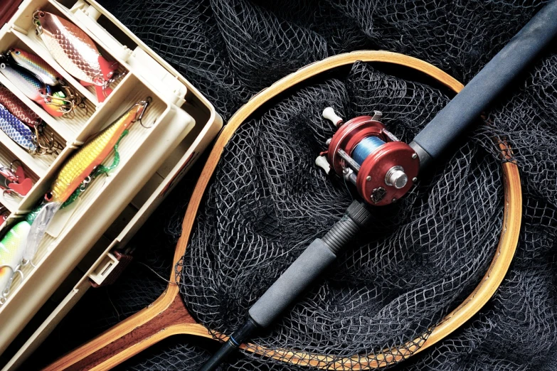 a fishing rod sitting on top of a fishing net, a picture, pexels, red and brown color scheme, speakers, deep colour, extremely-detailed