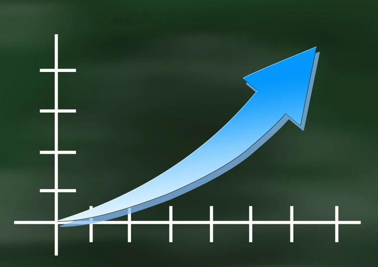 a blue arrow pointing upward on a blackboard, incoherents, curve, good graphic, stock photo, stats