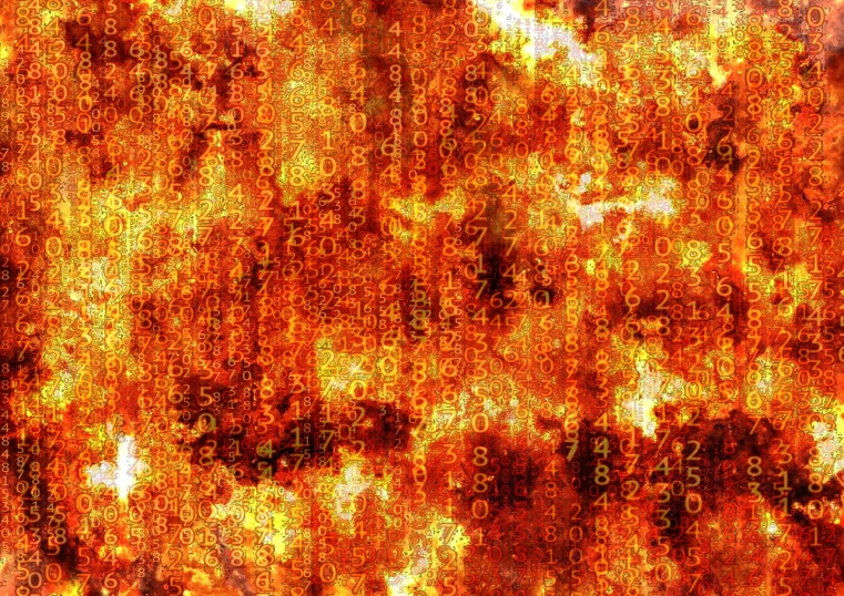 a fire with numbers coming out of it, a digital rendering, by Bernard Meninsky, digital art, hell background, corrupted data, grungy nightmare, bangalore