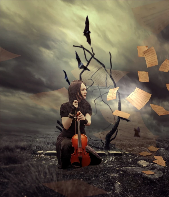 a woman sitting on the ground with a violin, inspired by Brooke Shaden, deviantart contest winner, conceptual art, surreal collage, apocalyptic setting, flying souls, epic 3 d abstract emo girl