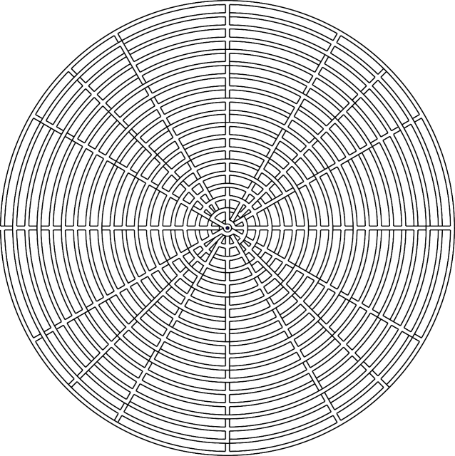a black and white circular pattern on a white background, an abstract drawing, by Andrei Kolkoutine, floor grills, fan art, cad, labirynth