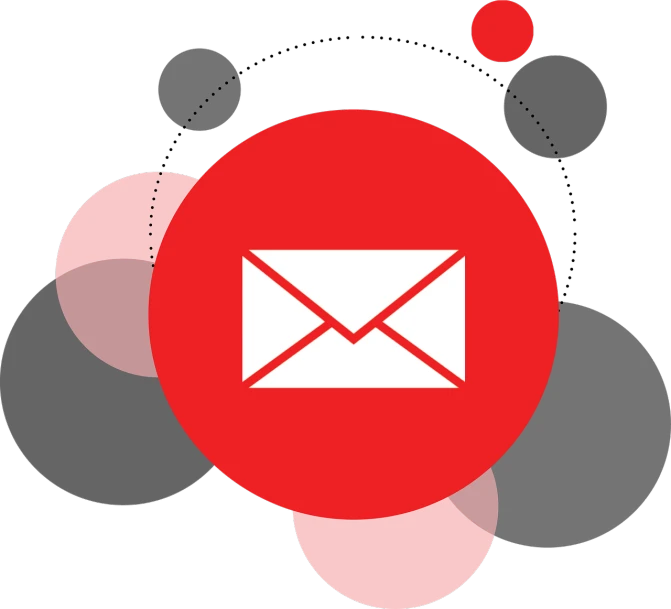 a red and white envelope surrounded by circles, a digital rendering, pixabay, postminimalism, on a flat color black background, email, balloon, left profile