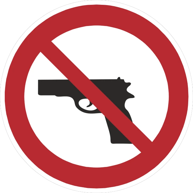 a no gun sign on a black background, a poster, pixabay, excessivism, ukrainian, stop sign, wikimedia commons, no gradients