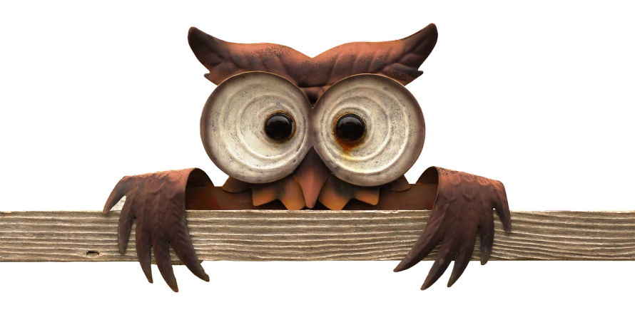 a metal owl sitting on top of a wooden fence, a digital rendering, librarian, wide eyed, advertising photo, full res