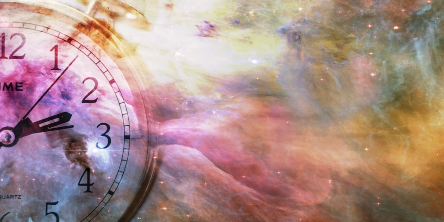 a close up of a clock on a galaxy background, digital art, by Kurt Roesch, tumblr, metaphysical painting, banner, feminine ethereal, bottom - view, background megastructure