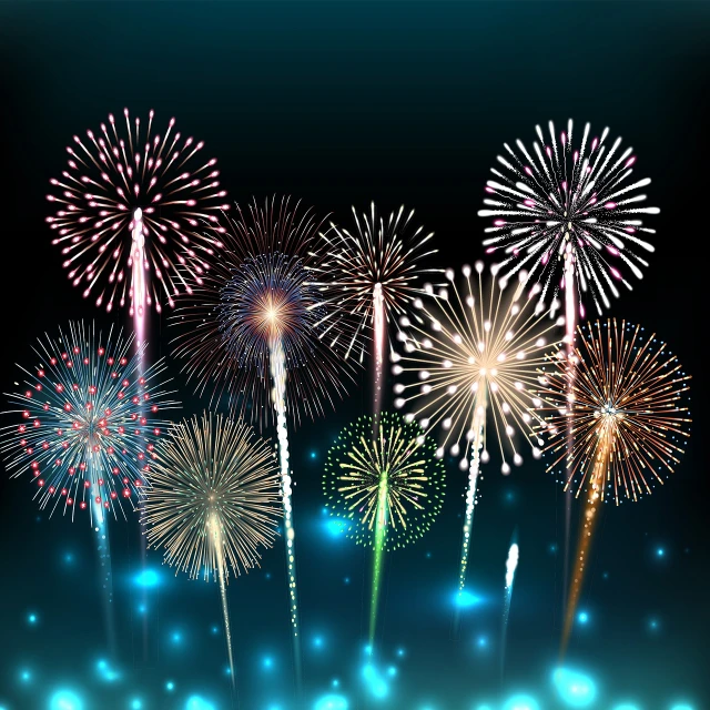 a group of fireworks in the night sky, an illustration of, art deco, glowing background lighting, bright glowing instruments, fiber optic hair, simple illustration