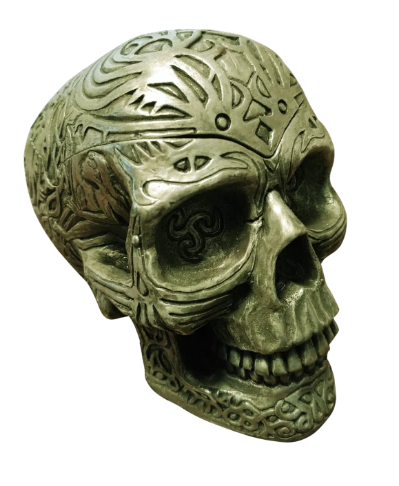 a close up of a statue of a skull, digital art, inspired by János Saxon-Szász, celtic vegetation, die - cast metal, 3 4 5 3 1, highly detailed!