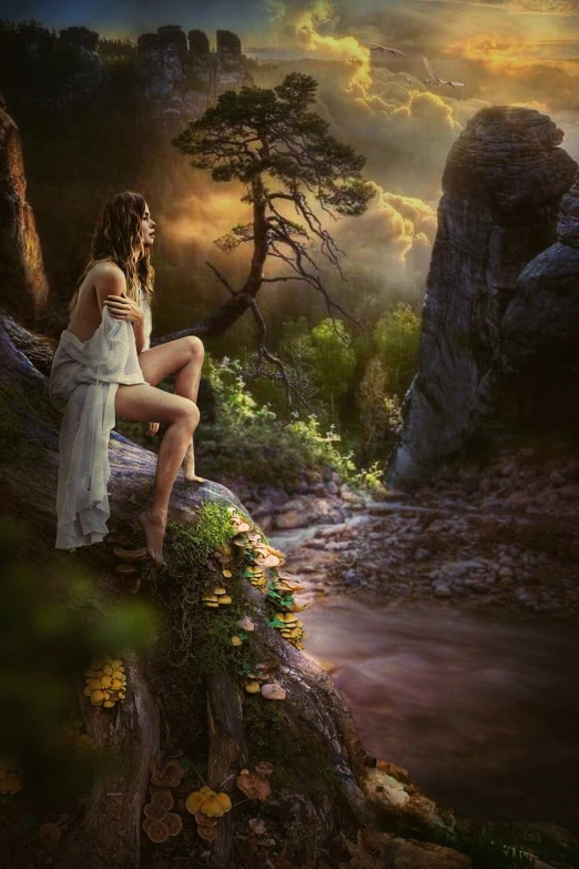 a woman sitting on top of a rock next to a river, inspired by Tom Chambers, fantasy art, forest soul, girl walking in a canyon, serene emotions, detailed fantasy art