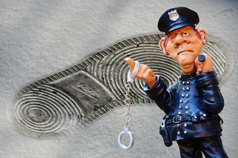 a figurine of a police officer holding a pair of handcuffs, a cartoon, by John Moonan, trending on pixabay, graffiti, footsteps in the snow, fingerprints on clay, embossed, photo-shopped