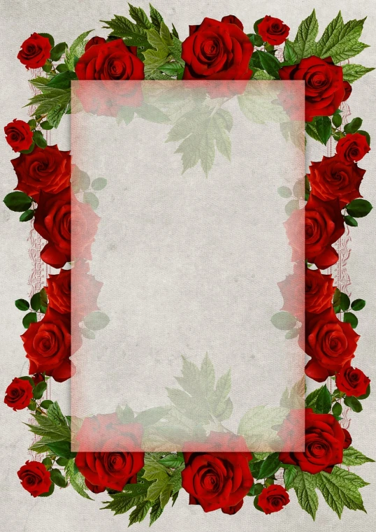 a frame with red roses and green leaves, inspired by Jan Henryk Rosen, romanticism, textured parchment background, modern very sharp photo