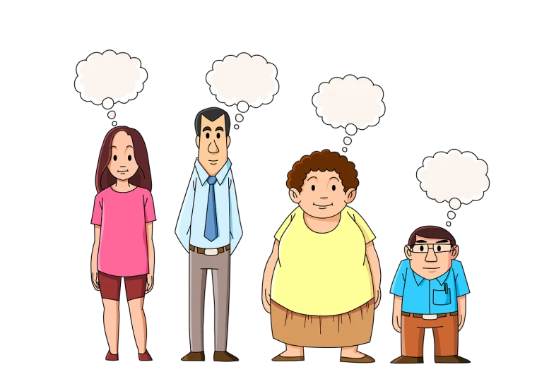 a group of people standing next to each other with thought bubbles above them, a cartoon, incoherents, an obese, on black background, children illustration, focus on full - body