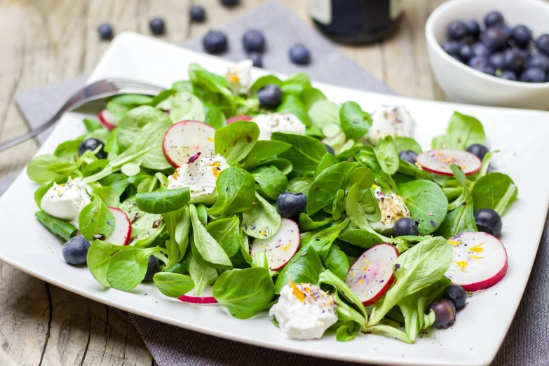 a plate of salad with radishes and blueberries, a picture, by Federico Zuccari, pexels, figuration libre, clover, istock, mozzarella, rectangle