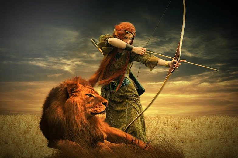 a woman holding a bow next to a lion, fantasy art, photoshopped, archers, trending photo, readhead