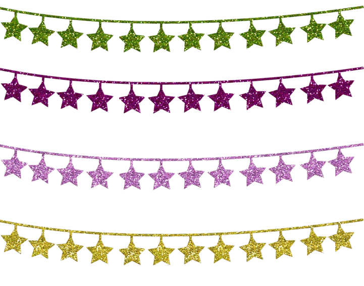 a string of glitter stars on a black background, a photo, 4 colors, illustration, fully decorated, cloth banners