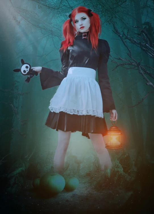 a woman in a black and white dress holding a lantern, inspired by Samuel Hieronymus Grimm, tumblr, gothic art, red hair girl, cosplay of a catboy! maid! dress, a maid in a magical forest, bottom angle