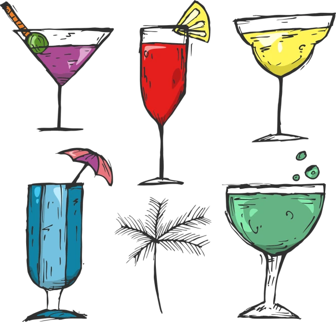 a set of four different colored cocktail glasses, vector art, process art, palms, ultra fine colored inking lines, summer night, year 2 5 0 0