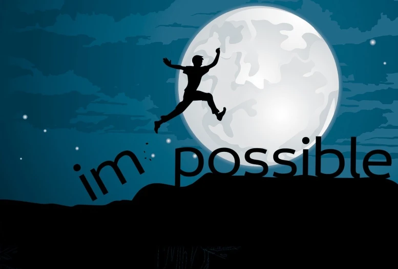 a person jumping in the air in front of a full moon, concept art, inspired by John Maxwell, happening, impossible dream, with text, vector design, mission impossible