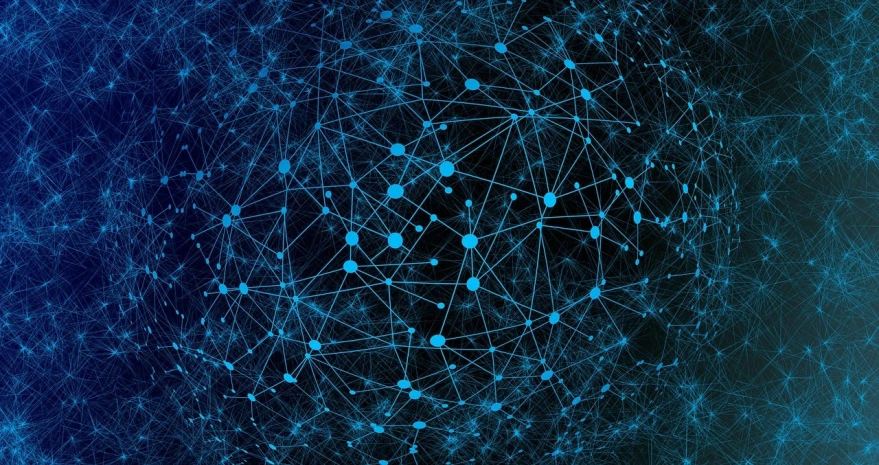 a blue and black background with dots and lines, by Adam Marczyński, shutterstock, digital art, immersed within a network, spaghetti, ecosystem, 1024x1024