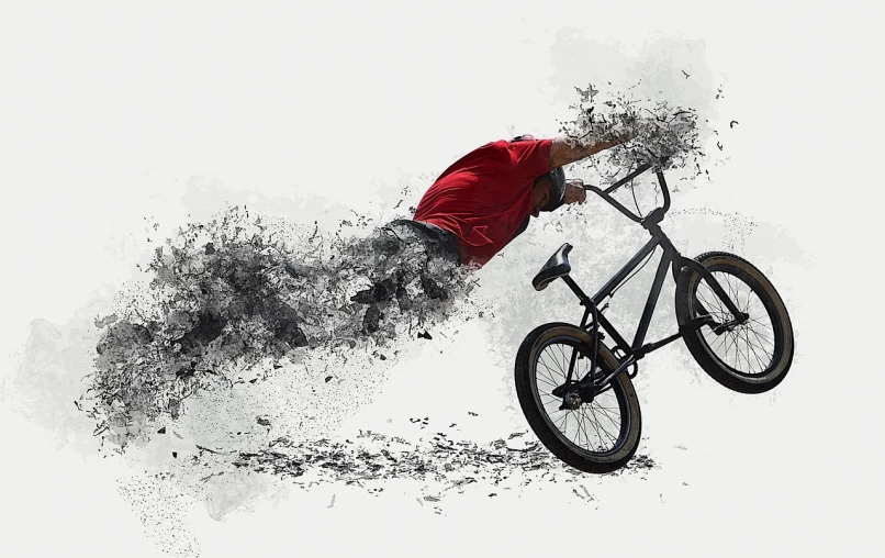 a man flying through the air while riding a bike, a digital painting, pixabay contest winner, action painting, burnout, shot with a canon, istock, crushed