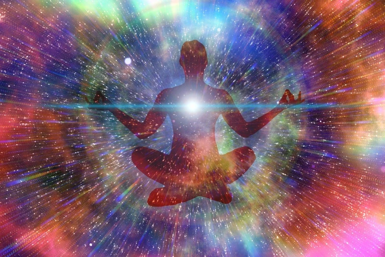 a person sitting in the middle of a space filled with stars, digital art, light and space, chakra diagram, centered full body pose, kundalini energy, red aura