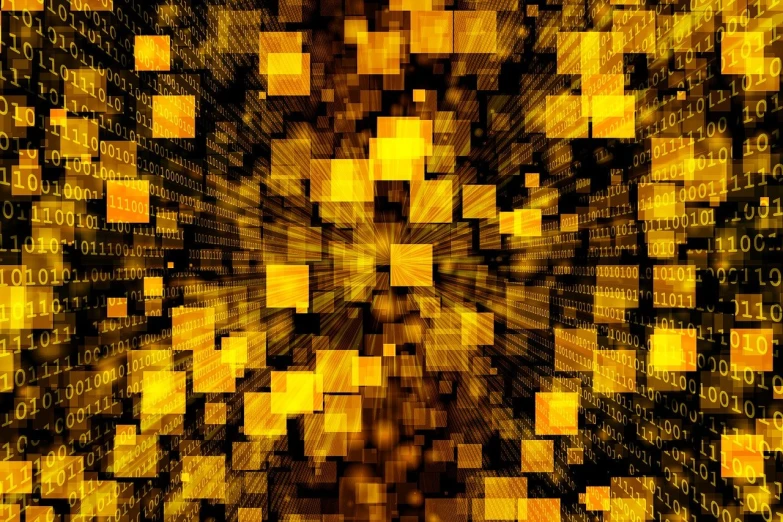 a large number of yellow squares on a black background, digital art, explosion of data fragments, ornate golden background, take control of your data, seen from below