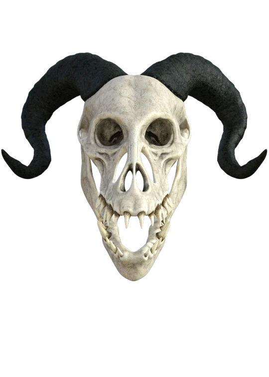 a close up of a skull with horns on a black background, a digital rendering, black pulcinella mask, full - view, top-down shot, very very happy!