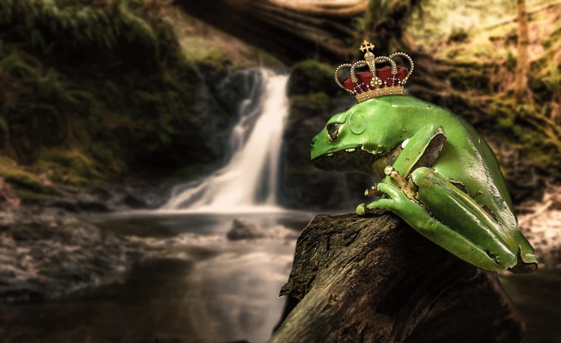 a frog with a crown sitting on a rock in front of a waterfall, by Robert Brackman, shutterstock, digital art, rotten green skin, hyper real photo, flaunting his wealth, vintage royalty