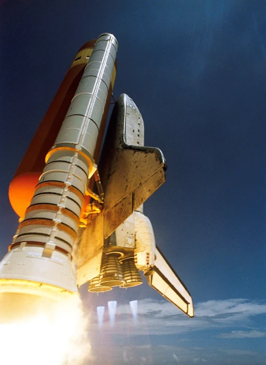 a space shuttle taking off into the sky, a picture, abandoned rocket ship, kodak photo, low camera angle, rocket launchers