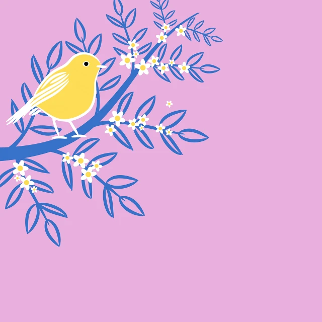 a yellow bird sitting on top of a tree branch, an illustration of, naive art, lilac, botanical background, simple and clean illustration, looking left