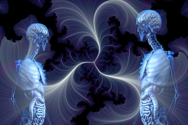 a couple of skeletons standing next to each other, digital art, by Jon Coffelt, abstract illusionism, iridescent fractal whirls, blue brain, cosmic energy wires, they reach into his mind