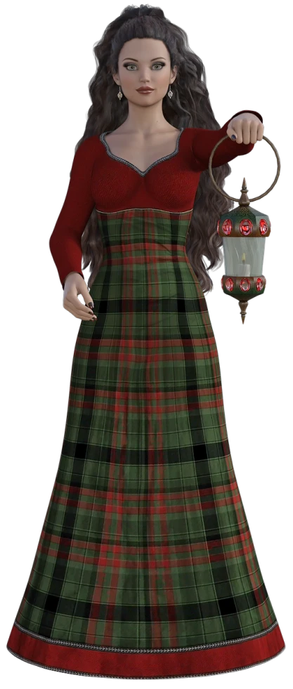 a woman in a plaid dress holding a basket, a screenshot, inspired by Cornelia MacIntyre Foley, cg society contest winner, hurufiyya, scarlet emerald, cloth sim, christmas, gothic dress