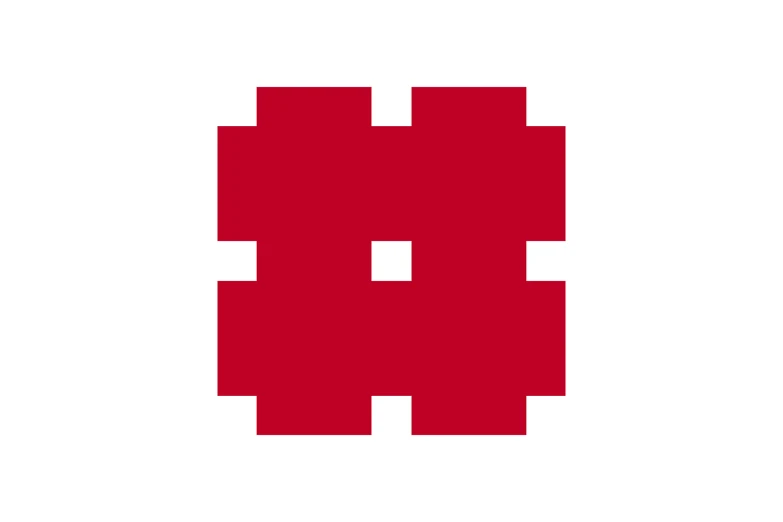 a red pixel logo on a white background, by Hiroshi Honda, square nose, cross, center punched, hakusensha