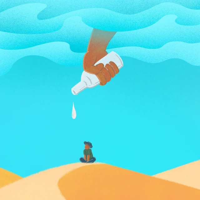 a man sitting on top of a beach next to a bottle of liquid, inspired by Emiliano Ponzi, unsplash, conceptual art, crying big blue tears, the desert is in color pencil, two hands reaching for a fish, editorial illustration colorful