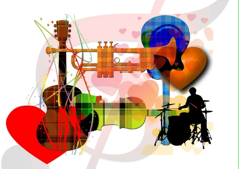 a couple of musical instruments sitting next to each other, vector art, by David Burton-Richardson, funk art, heart, a collage, screen cap, synesthesia