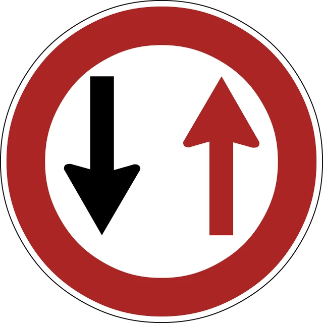a red and white sign with an arrow pointing up, pixabay, as above so below, the merge, round, lane brown
