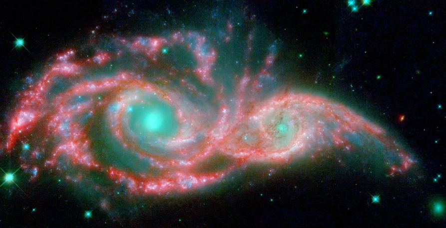 a close up of a spiral shaped object in the sky, by John J Park, flickr, space art, adult pair of twins, green blue red colors, tardigrade in space, splashes of neon galaxies