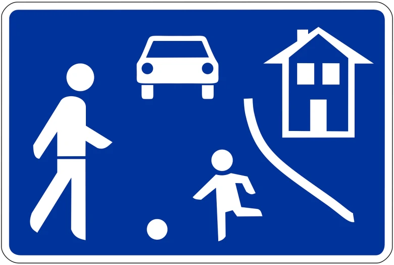 a blue sign with a picture of a man kicking a soccer ball, inspired by João Artur da Silva, pixabay, cars on the road, families playing, walking through a suburb, made in adobe illustrator